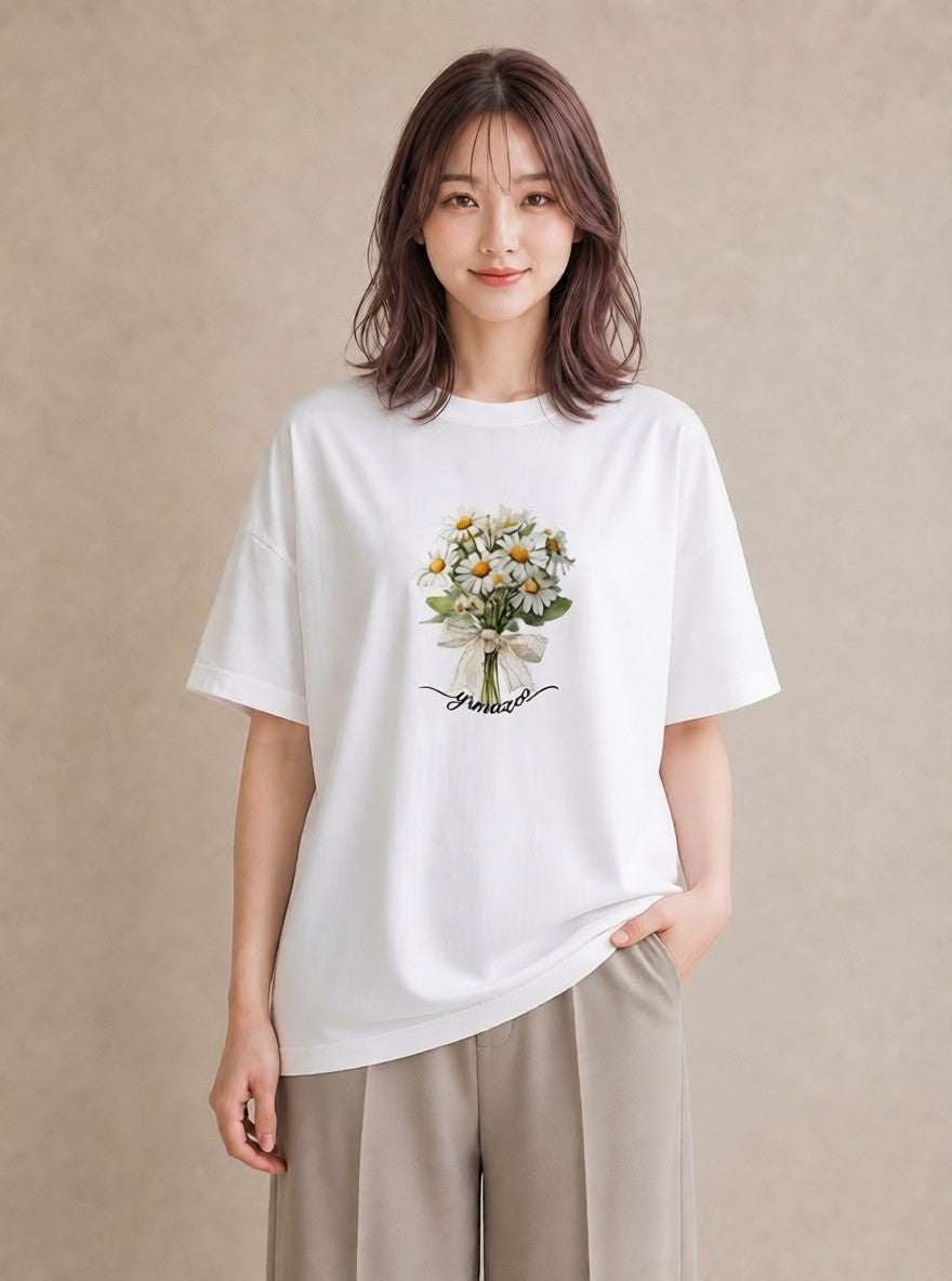 Tシャツ レディース マーガレット 花 花柄 イラスト きれいめ ギフト 母の日 白T YMAZO