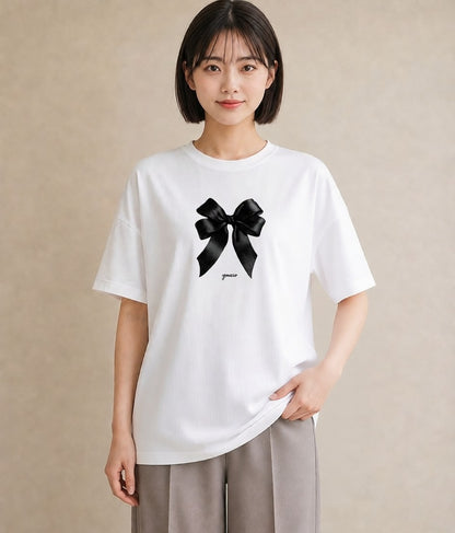 グラフィックTシャツ レディース リボン ボウ りぼん イラスト カフェコーデ お出かけ 普段着 白T YMAZO
