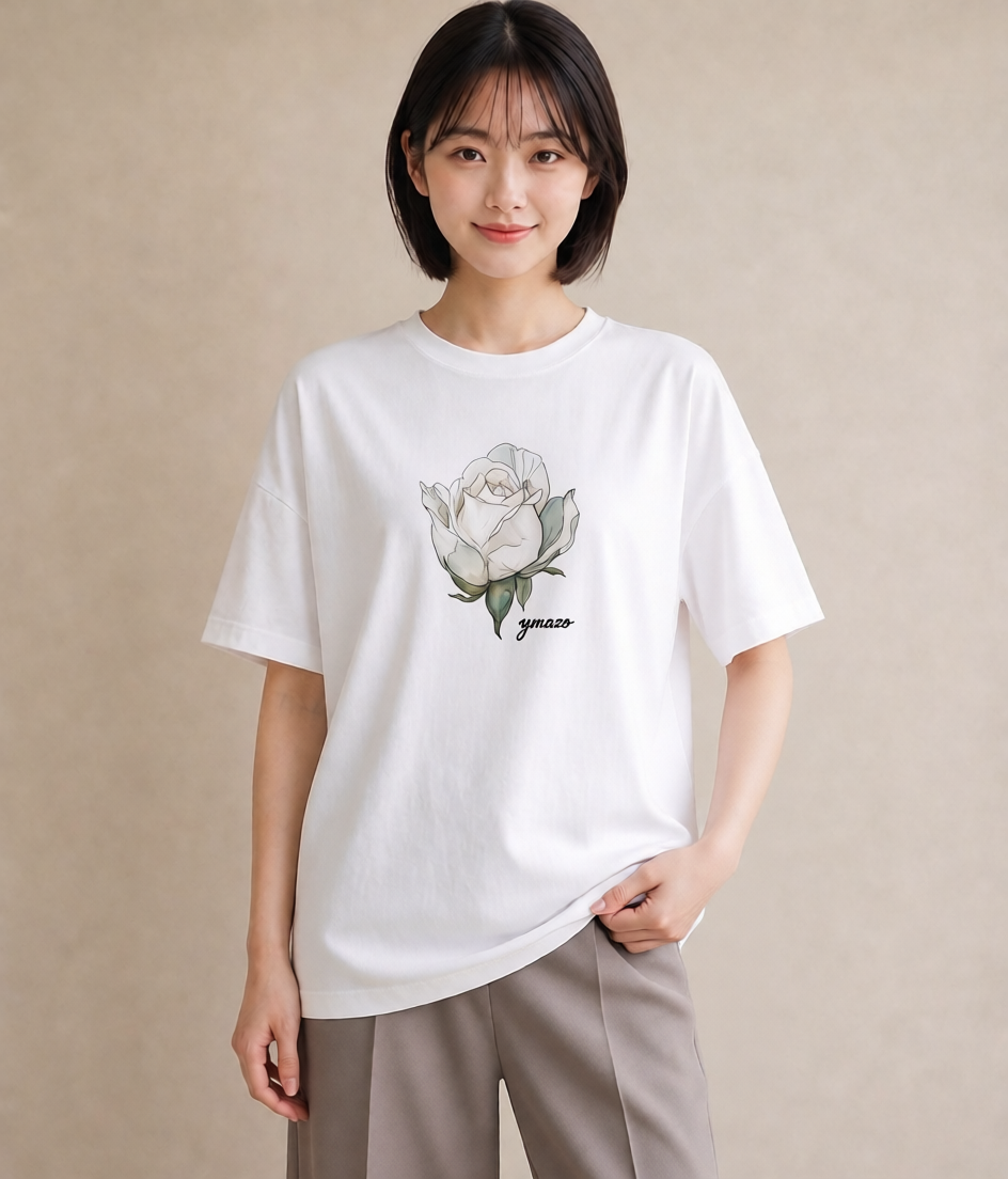 半袖Tシャツ レディース 椿 花 花柄 イラスト 上品 誕生日プレゼント 綿100 白T