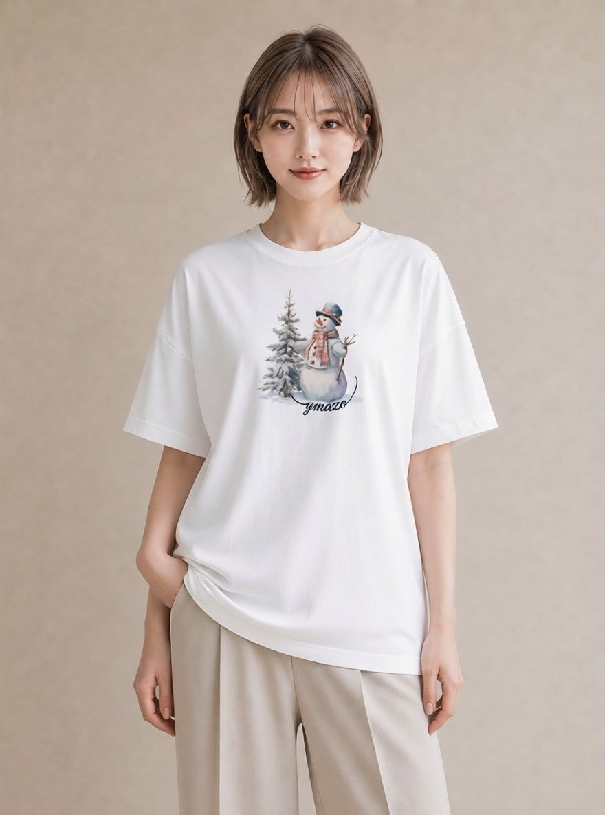 半袖Tシャツ レディース 雪 星空 宇宙 イラスト 個性的 ペアコーデ 秋コーデ 白T YMAZO