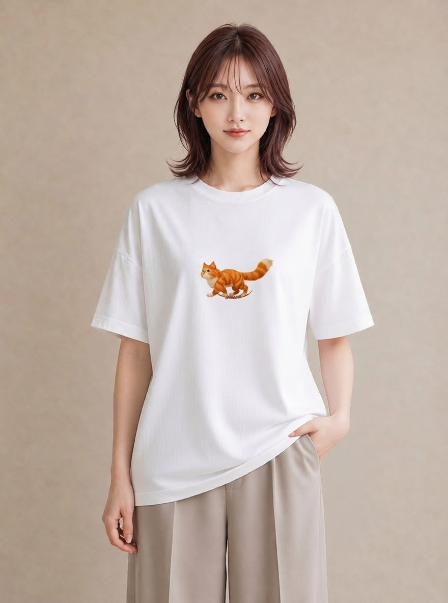 グラフィックTシャツ レディース 茶トラ 茶猫 猫 ねこ イラスト 淡色 自分用 ルームウェア 白T YMAZO