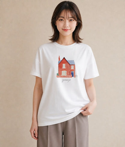 半袖Tシャツ レディース 湖畔の小屋 湖 小屋 ナチュラル アンティーク イラスト ユニーク 母の日 ビーチ 白T YMAZO