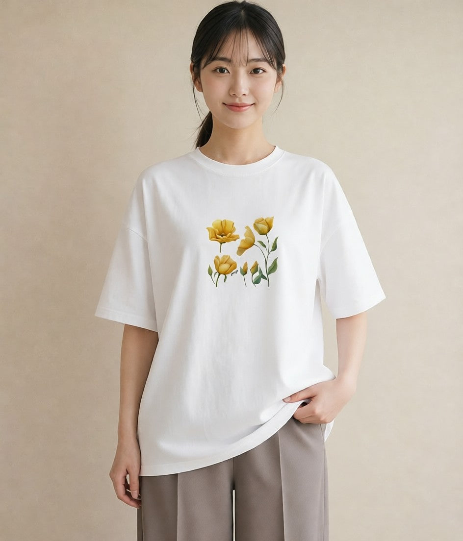 Tシャツ レディース チューリップ 花 花柄 イラスト ゆるコーデ ラフ レイヤード 白T YMAZO