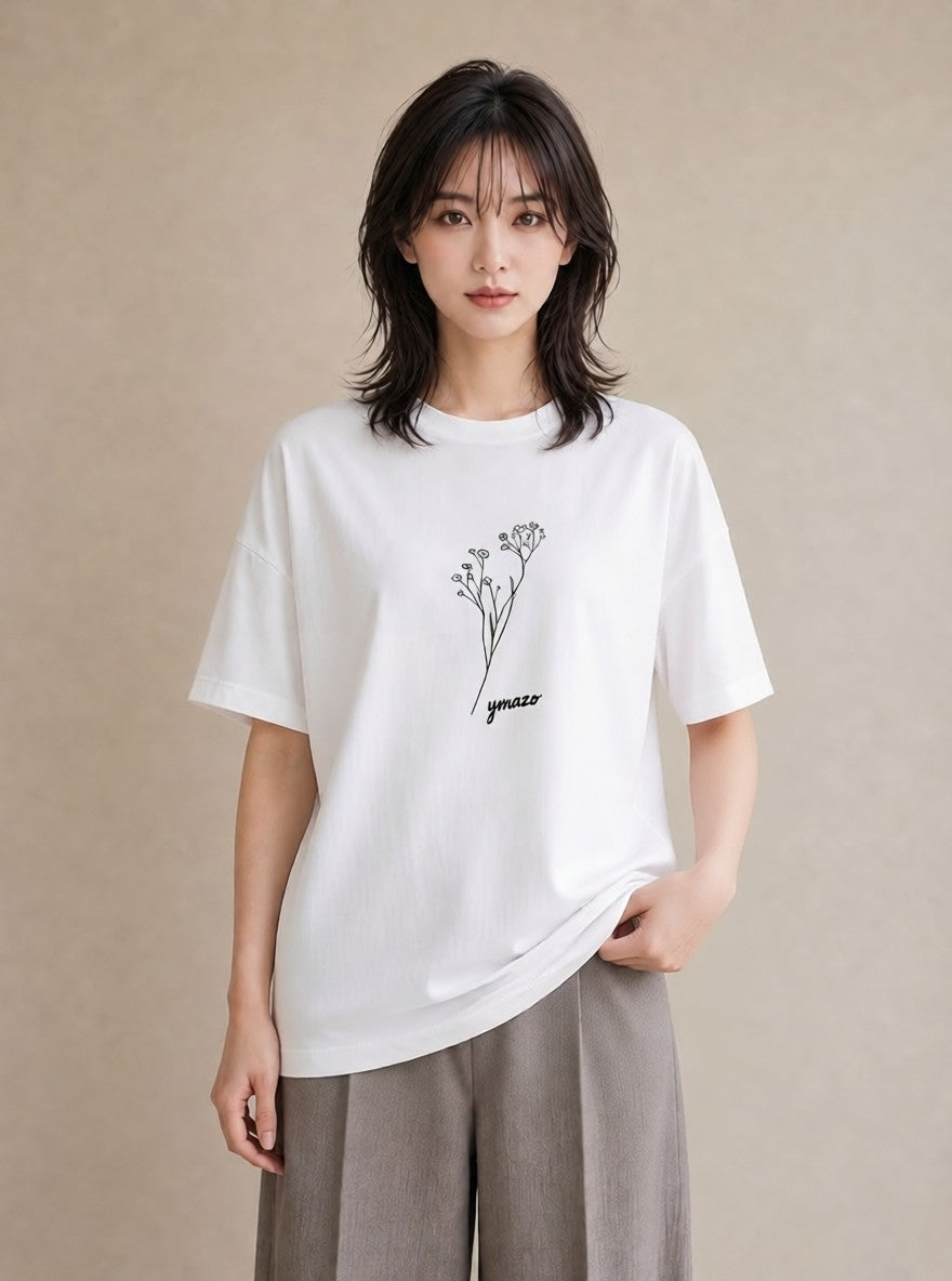 半袖Tシャツ レディース 小花 花 フラワー イラスト ポップ ミセス 春コーデ 白T YMAZO