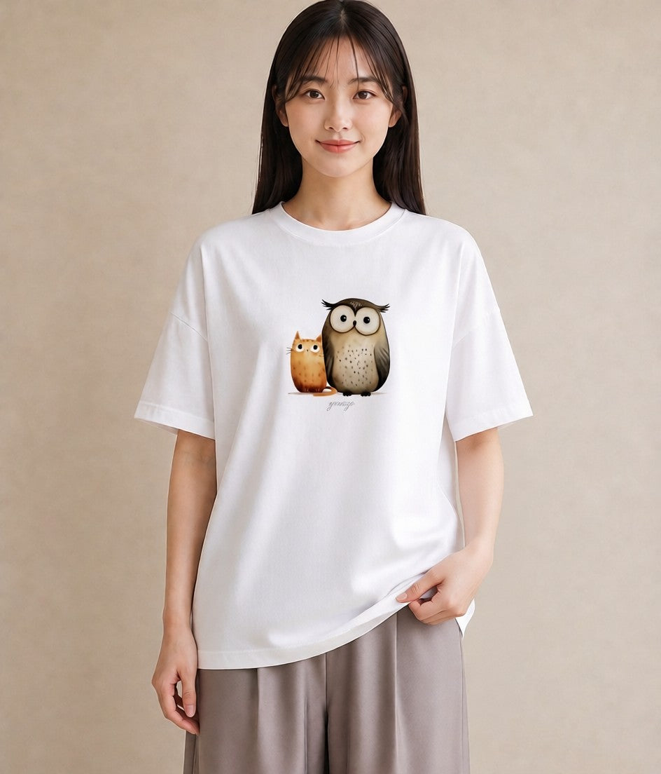 プリントTシャツ レディース シロフクロウ 動物 アニマル イラスト レトロ 姉妹 送別ギフト 白T YMAZO