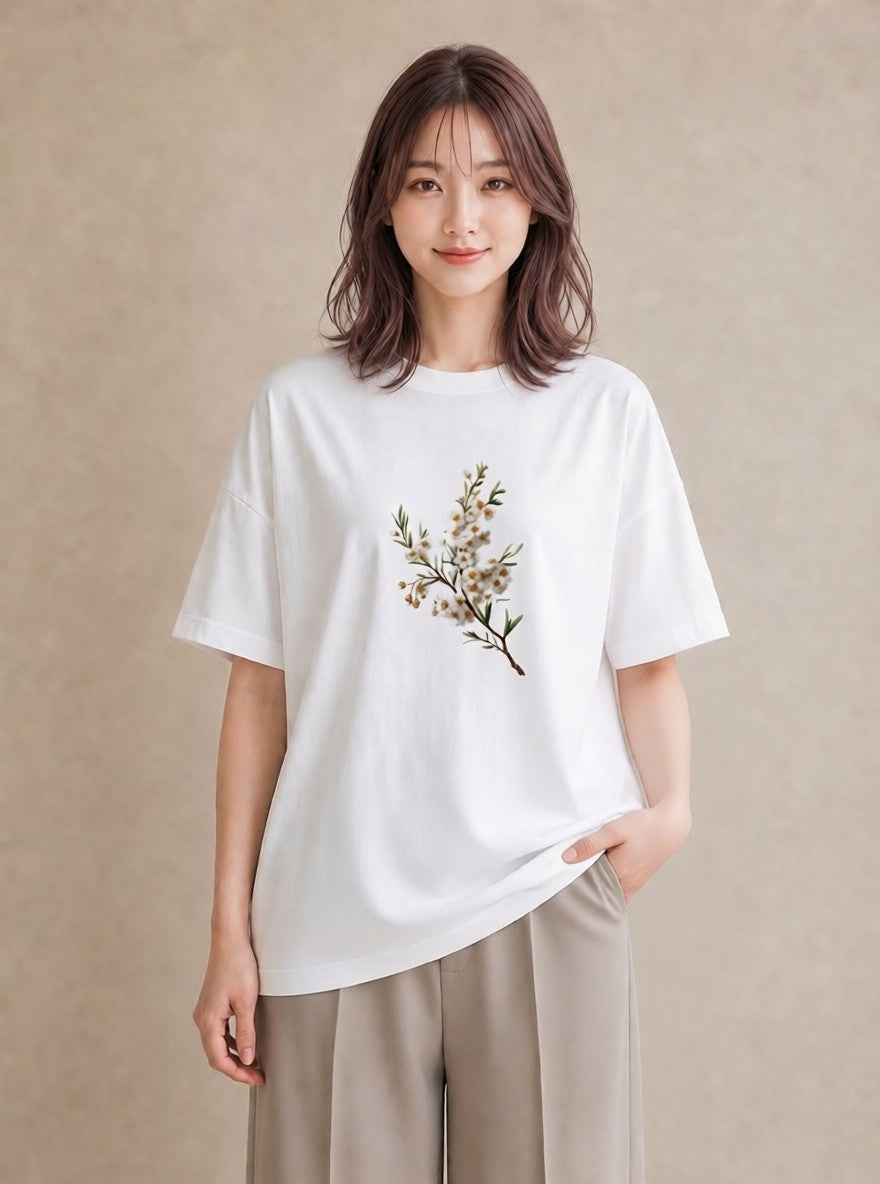 グラフィックTシャツ レディース 金木犀 花 花柄 イラスト 韓国風 お揃い 親子 白T