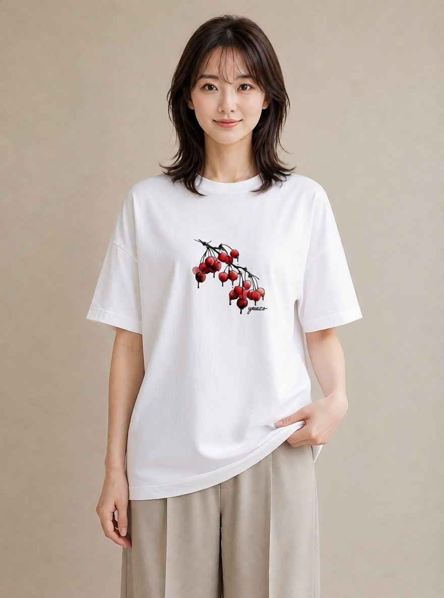 半袖Tシャツ レディース さくらんぼ チェリー 食べ物 フード イラスト 抜け感 友達ギフト 部屋着 白T YMAZO