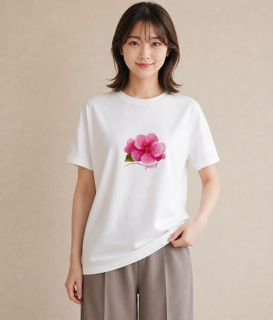 半袖Tシャツ レディース 椿 花 花柄 イラスト 個性的 ギフト 母の日 白T YMAZO