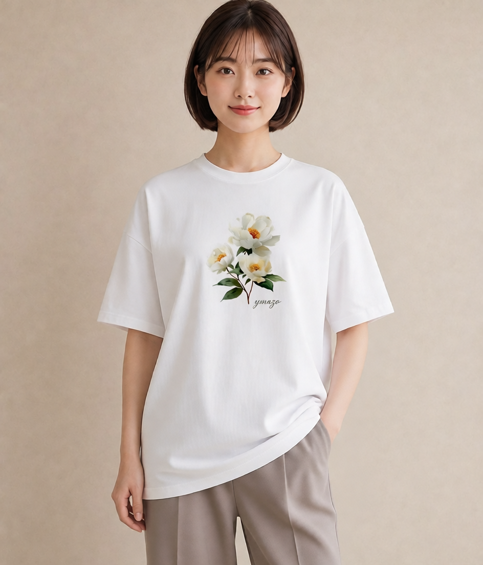 Tシャツ レディース 牡丹 花 花柄 イラスト モード デート 帰省 白T