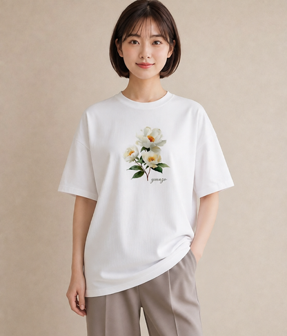 Tシャツ レディース 牡丹 花 花柄 イラスト モード デート 帰省 白T