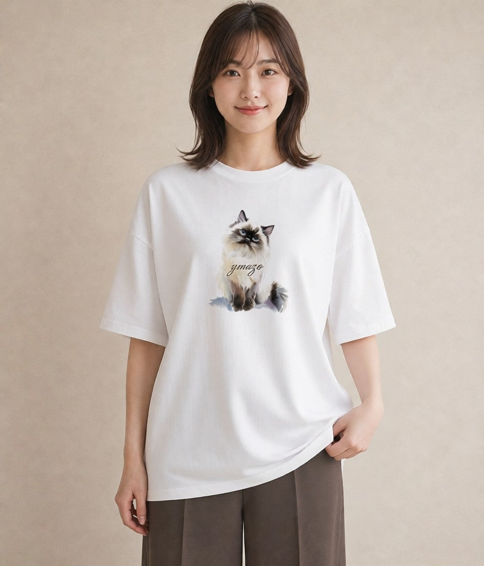 デザインTシャツ レディース ブリティッシュショートヘア 猫 ねこ イラスト シック ミセス 春コーデ 白T YMAZO