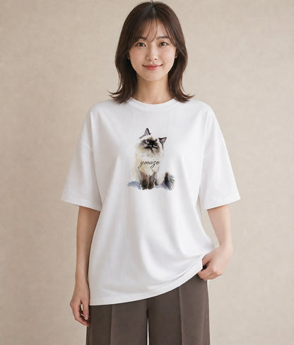 デザインTシャツ レディース ブリティッシュショートヘア 猫 ねこ イラスト シック ミセス 春コーデ 白T YMAZO