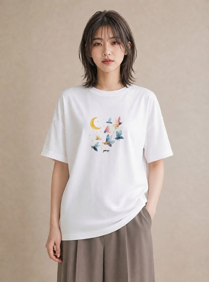 半袖Tシャツ レディース 満月 星空 宇宙 イラスト 上品 散歩 お出かけ 白T YMAZO