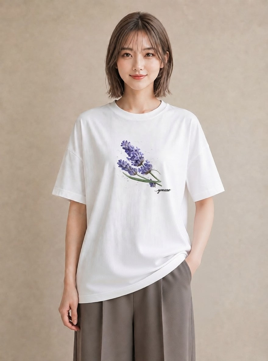 プリントTシャツ レディース ラベンダー 花 花柄 イラスト ペアコーデ 秋コーデ 白T YMAZO