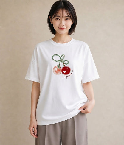 デザインTシャツ レディース りんご 林檎 アップル 食べ物 フード イラスト デイリーウェア 休日 白T YMAZO