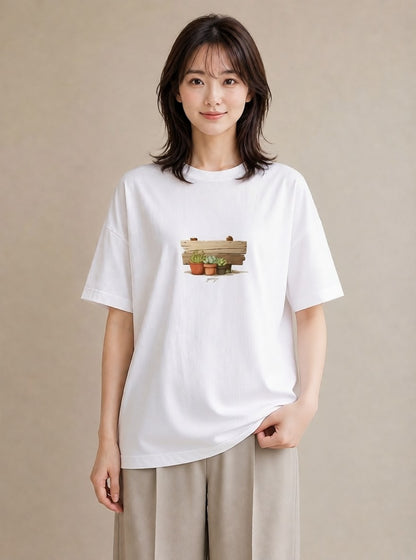 プリントTシャツ レディース 夕暮れ バルコニー 夕焼け ナチュラル アンティーク イラスト 可愛い 夏コーデ 通学 白T YMAZO
