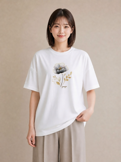 プリントTシャツ レディース 蓮 花 花柄 イラスト シック ラフ レイヤード 白T