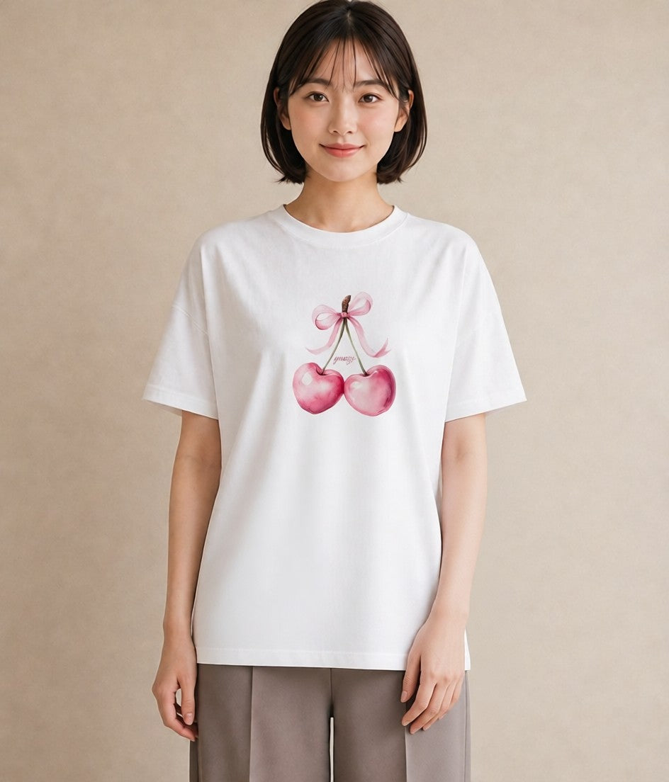 グラフィックTシャツ レディース さくらんぼ チェリー 食べ物 フード イラスト シック クリスマス 旅行 白T YMAZO