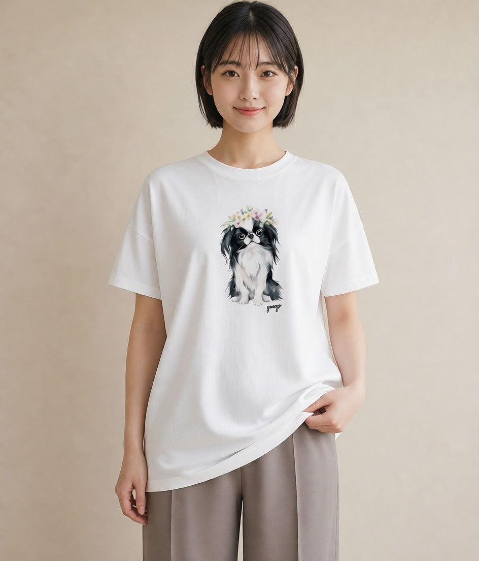 半袖Tシャツ レディース 狆 犬 いぬ イラスト ゆるコーデ ホワイトデー 春服 白T YMAZO