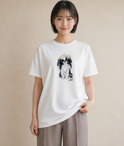 半袖Tシャツ レディース 狆 犬 いぬ イラスト ゆるコーデ ホワイトデー 春服 白T YMAZO