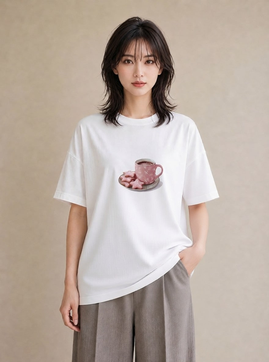 半袖Tシャツ レディース ココア 食べ物 フード イラスト ミセス 春コーデ 白T YMAZO