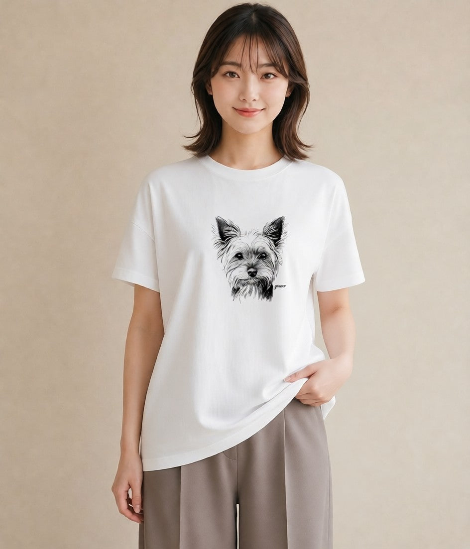 プリントTシャツ レディース ヨークシャーテリア 犬 いぬ イラスト ゆるかわ 誕生日プレゼント 綿100 白T YMAZO