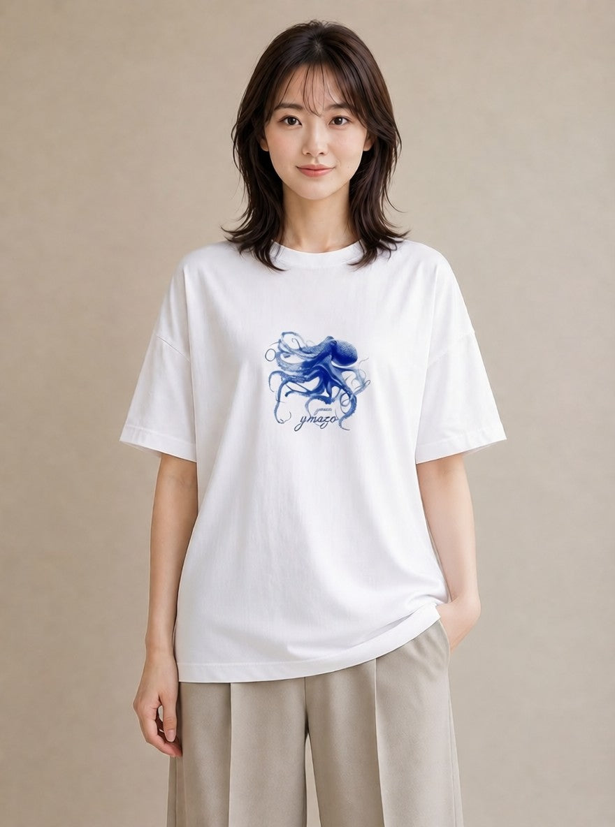 半袖Tシャツ レディース イカ 海の生き物 海 イラスト 休日コーデ カフェ巡り 白T YMAZO