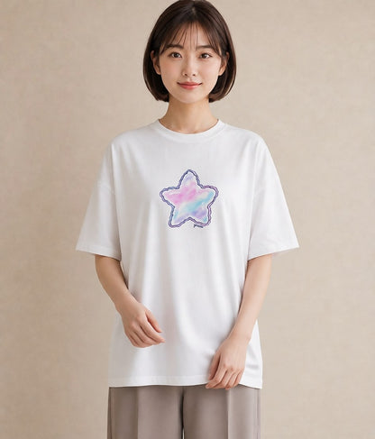 グラフィックTシャツ レディース 流れ星 星空 宇宙 イラスト 手描き風 自分用 ルームウェア 白T YMAZO