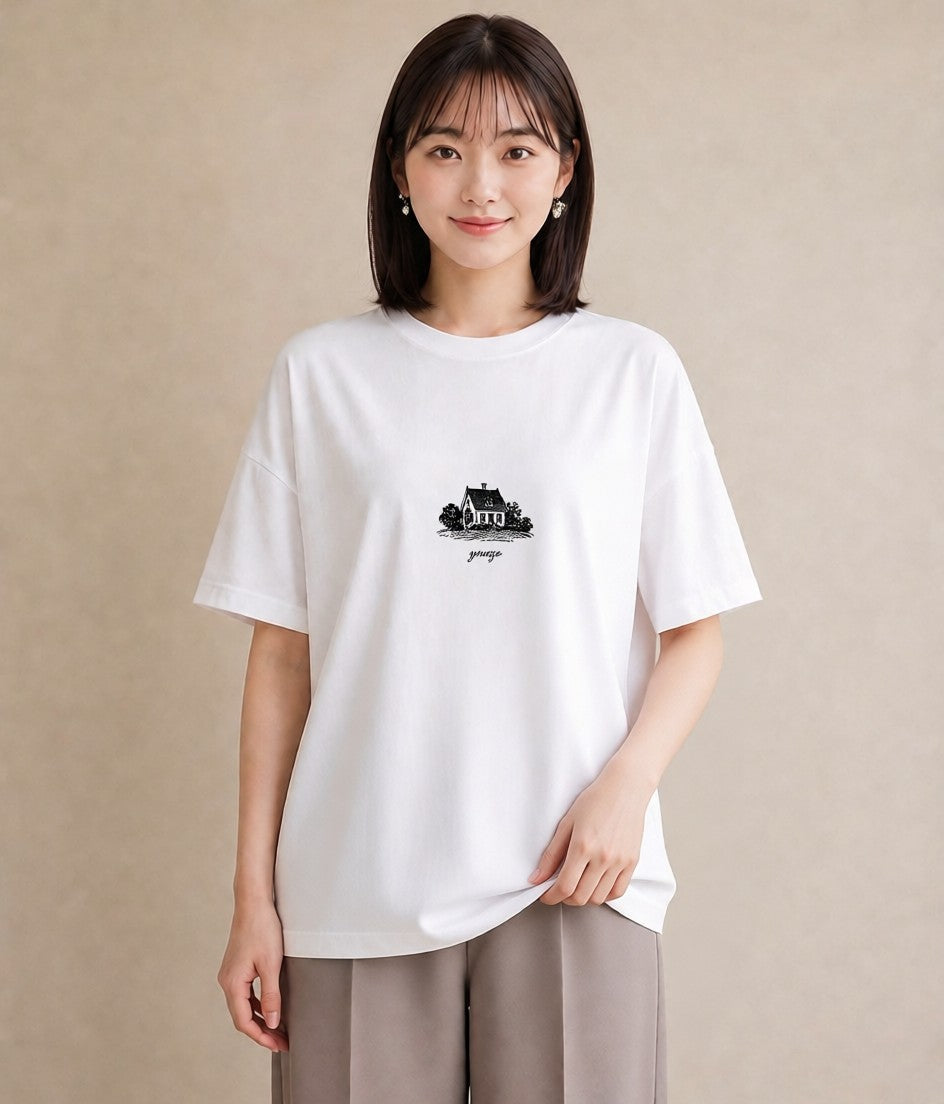 Tシャツ レディース 湖畔の小屋 湖 小屋 ナチュラル アンティーク イラスト アート風 母の日 ビーチ 白T YMAZO