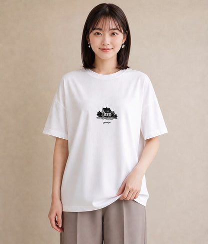 Tシャツ レディース 湖畔の小屋 湖 小屋 ナチュラル アンティーク イラスト アート風 母の日 ビーチ 白T YMAZO
