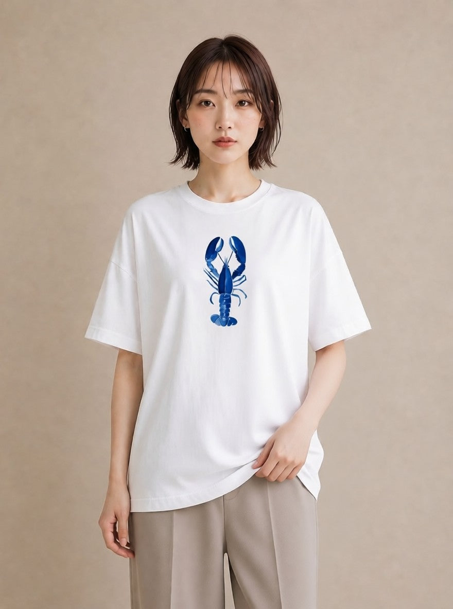 プリントTシャツ レディース エビ 海の生き物 海 イラスト 北欧風 春服 ミセス 白T YMAZO