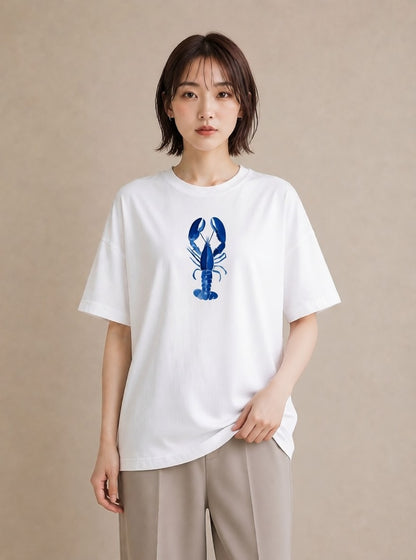 プリントTシャツ レディース エビ 海の生き物 海 イラスト 北欧風 春服 ミセス 白T YMAZO