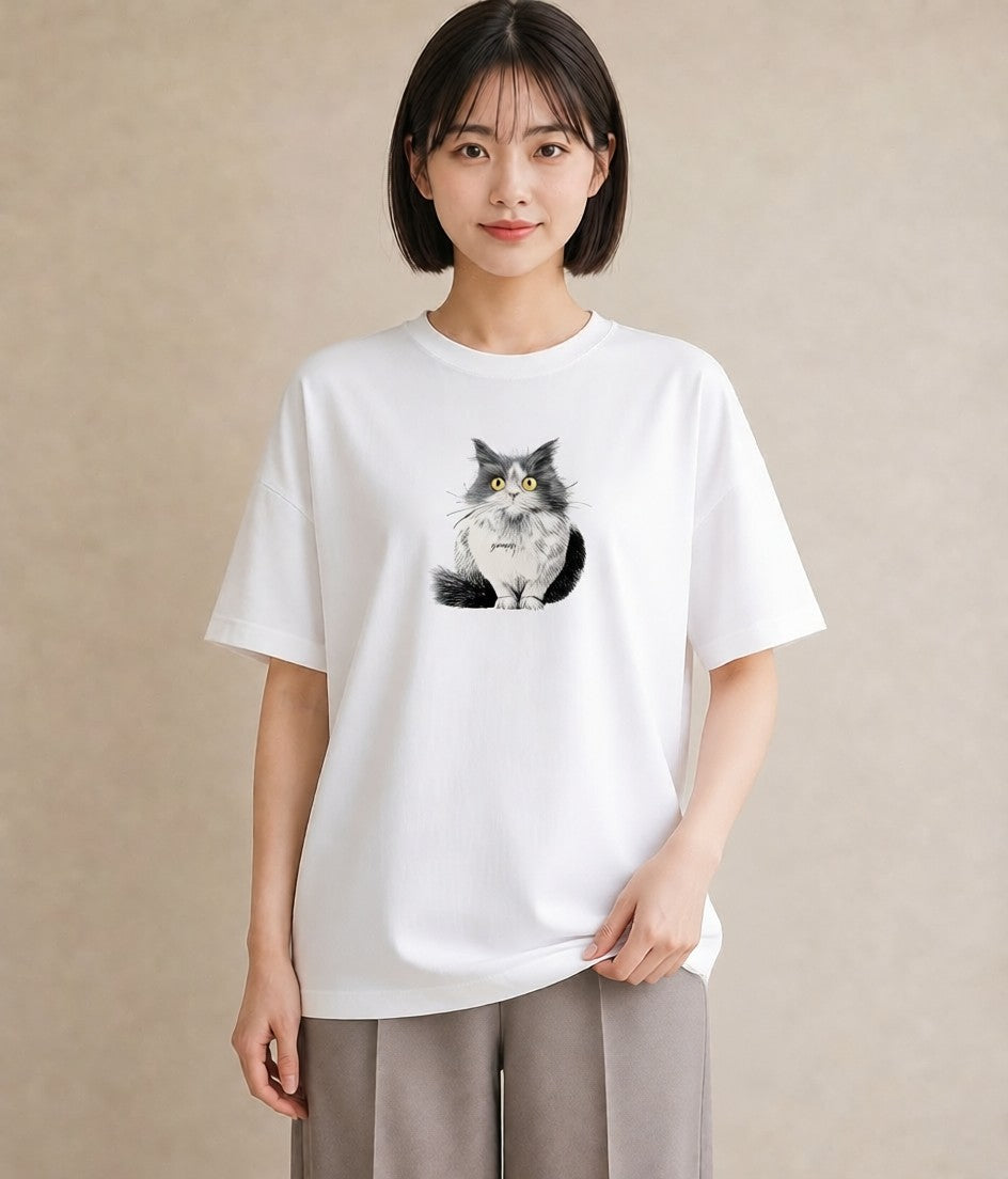 Tシャツ レディース ペルシャ 猫 ねこ イラスト 北欧風 買い物 夏コーデ 白T YMAZO