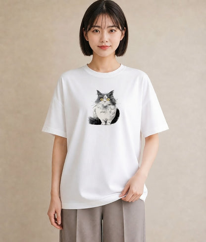 Tシャツ レディース ペルシャ 猫 ねこ イラスト 北欧風 買い物 夏コーデ 白T YMAZO
