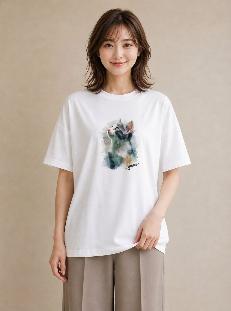 半袖Tシャツ レディース しっぽ 猫 ねこ イラスト ゆるコーデ 綿100 デート 白T YMAZO