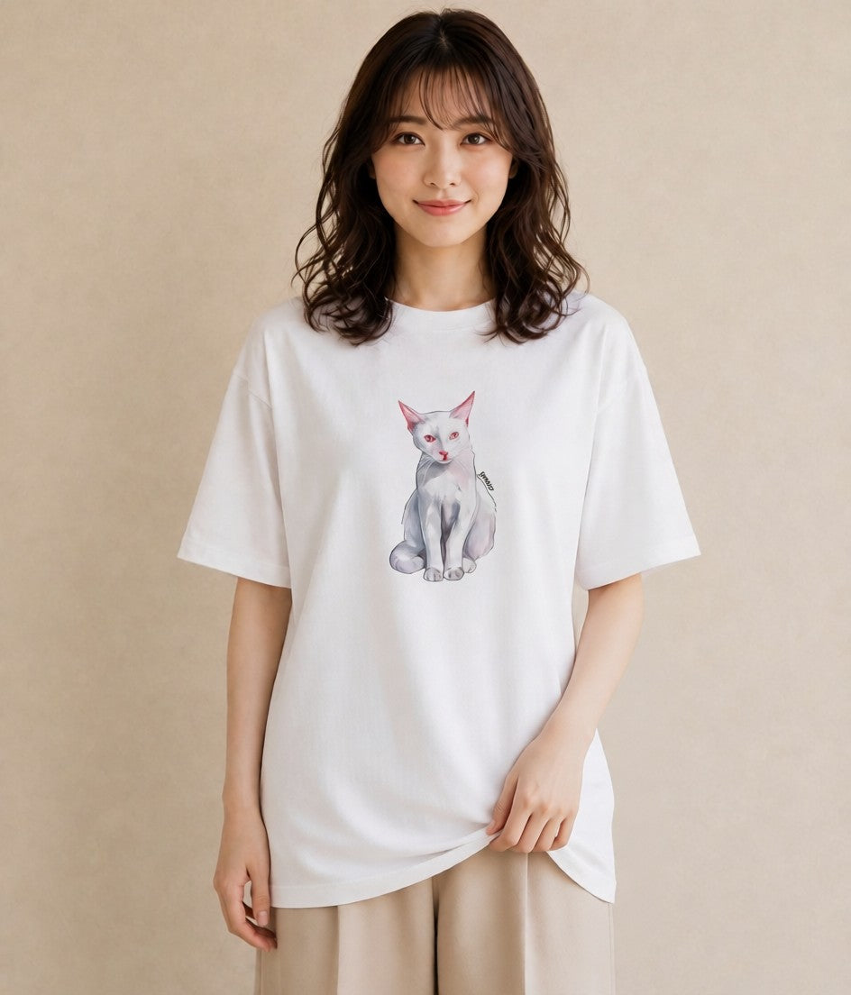 デザインTシャツ レディース 猫 ねこ イラスト ゆるかわ ペアコーデ 秋コーデ 白T YMAZO
