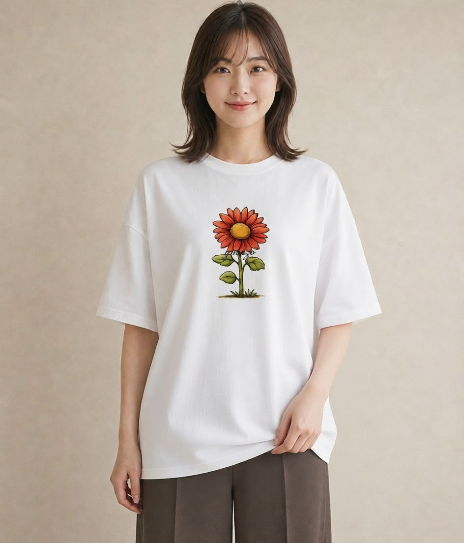 プリントTシャツ レディース ひまわり 向日葵 花 花柄 イラスト カフェコーデ 普段着 週末コーデ 白T