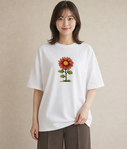 プリントTシャツ レディース ひまわり 向日葵 花 花柄 イラスト カフェコーデ 普段着 週末コーデ 白T