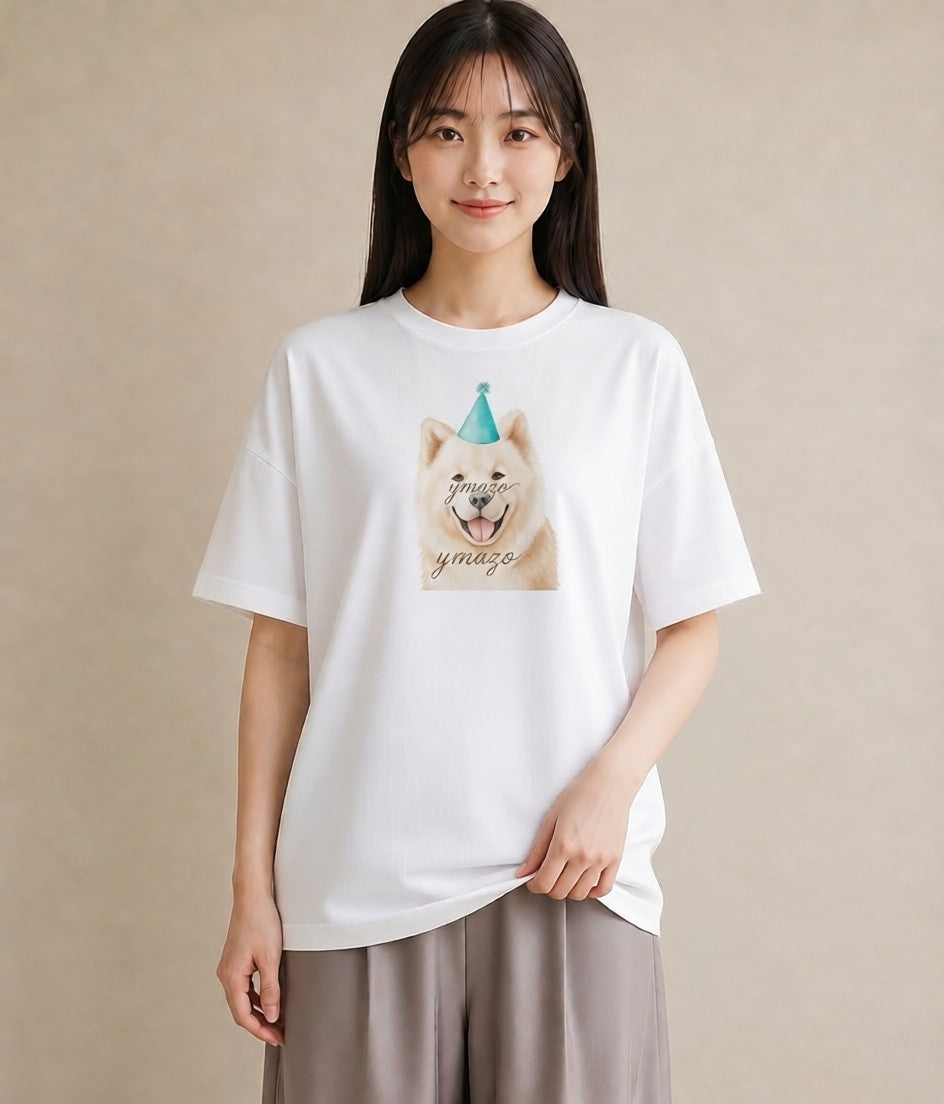 デザインTシャツ レディース サモエド 犬 いぬ イラスト 綿100 デート 白T YMAZO