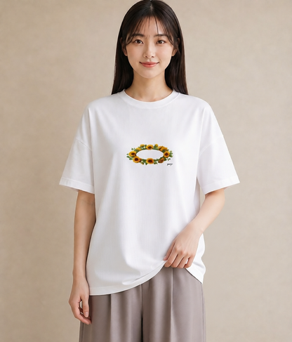 プリントTシャツ レディース ひまわり 向日葵 花 花柄 イラスト 休日コーデ 女性向けギフト 散歩 白T