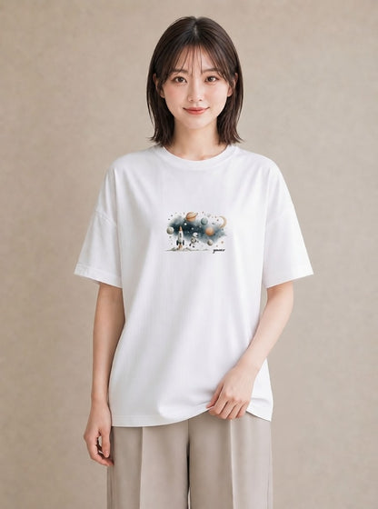 半袖Tシャツ レディース 惑星 星空 宇宙 イラスト アート風 夏コーデ 通学 白T YMAZO