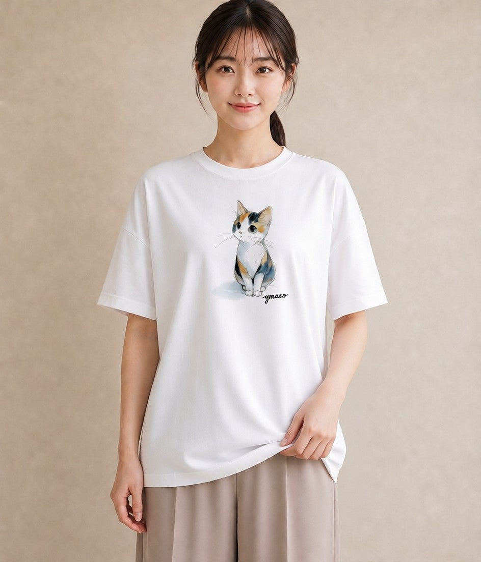 デザインTシャツ レディース ハチワレ 白黒猫 猫 ねこ イラスト カフェコーデ 女性 旅行用 白T YMAZO