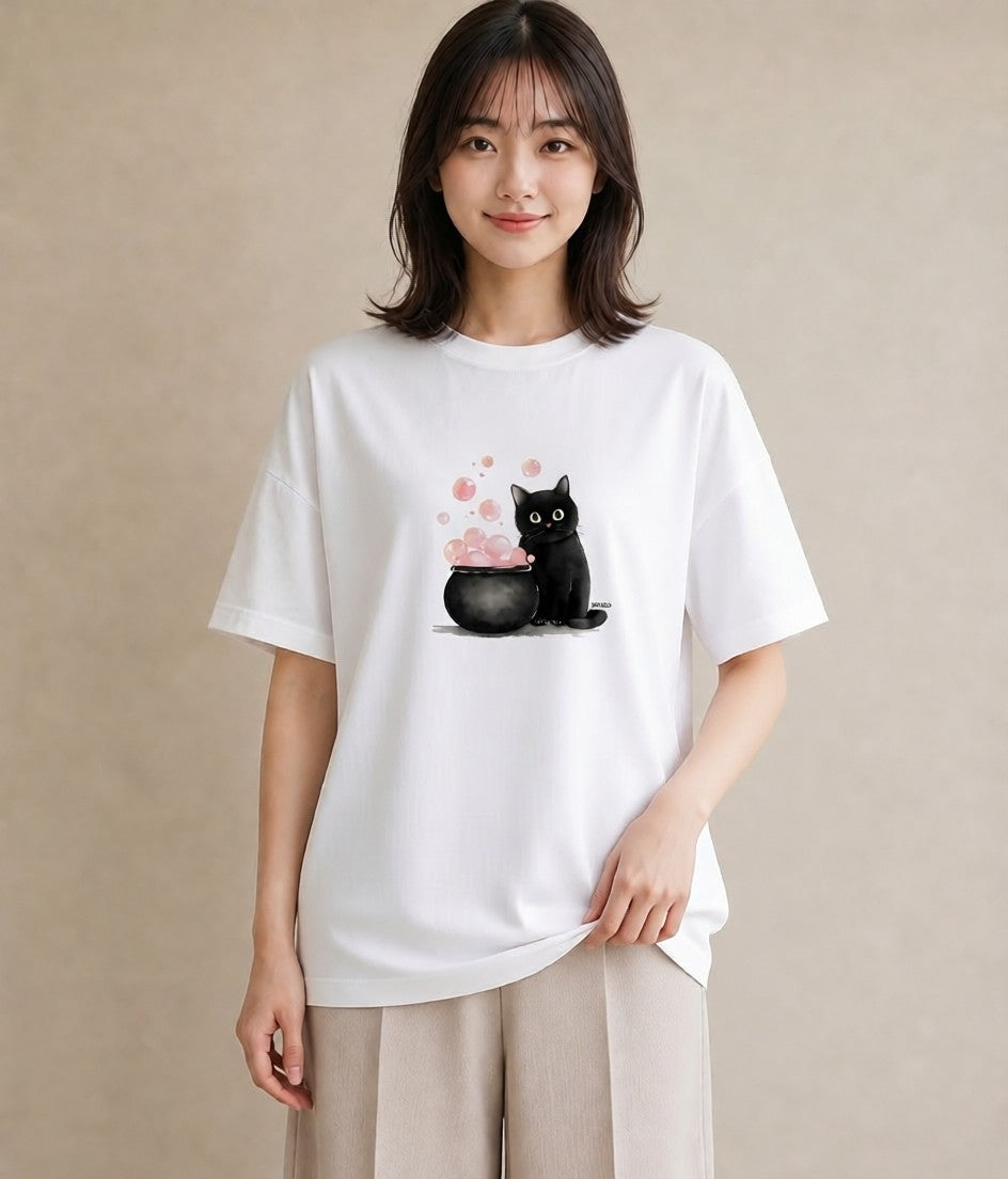 半袖Tシャツ レディース 黒猫 猫 ねこ イラスト ボタニカル 社会人 女性 白T YMAZO