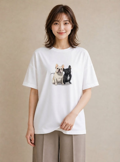 グラフィックTシャツ レディース フレンチブルドッグ フレブル 犬 いぬ イラスト 韓国風 カフェ巡り 女子会 白T YMAZO