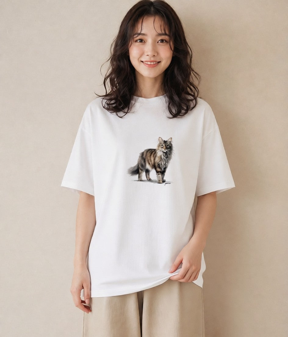 グラフィックTシャツ レディース メインクーン 猫 ねこ イラスト 秋コーデ おしゃれギフト 白T YMAZO