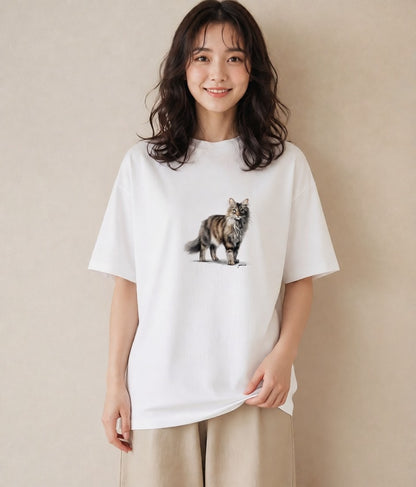 グラフィックTシャツ レディース メインクーン 猫 ねこ イラスト 秋コーデ おしゃれギフト 白T YMAZO