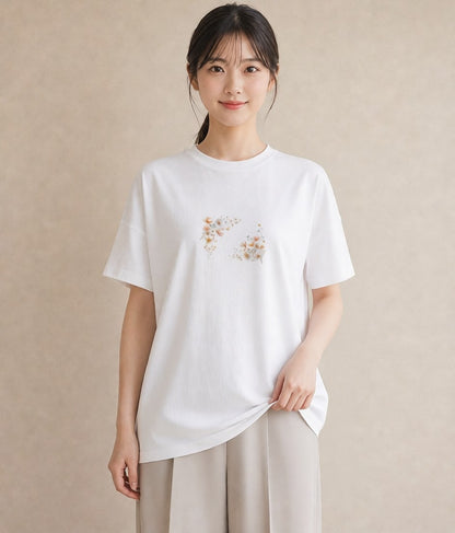 プリントTシャツ レディース コスモス 秋桜 花 花柄 イラスト モード 夏コーデ 通学 白T