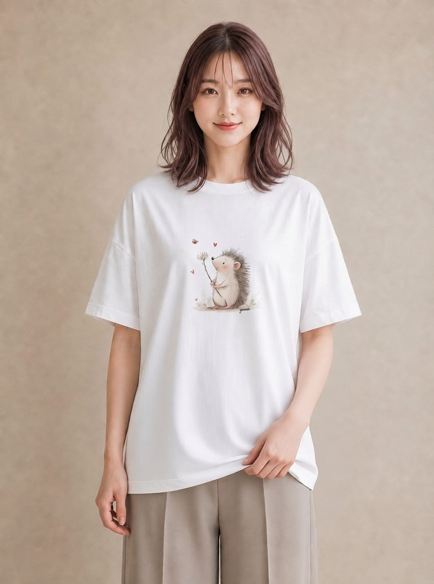 グラフィックTシャツ レディース ハリネズミ ペット 動物 イラスト アート風 レイヤード 友達ギフト 白T YMAZO
