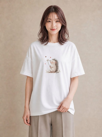 グラフィックTシャツ レディース ハリネズミ ペット 動物 イラスト アート風 レイヤード 友達ギフト 白T YMAZO