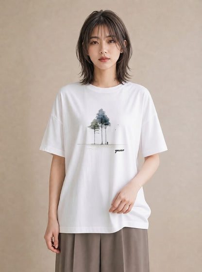 プリントTシャツ レディース 雨上がりのベンチ ベンチ ナチュラル アンティーク イラスト シンプル 友達ギフト 部屋着 白T YMAZO